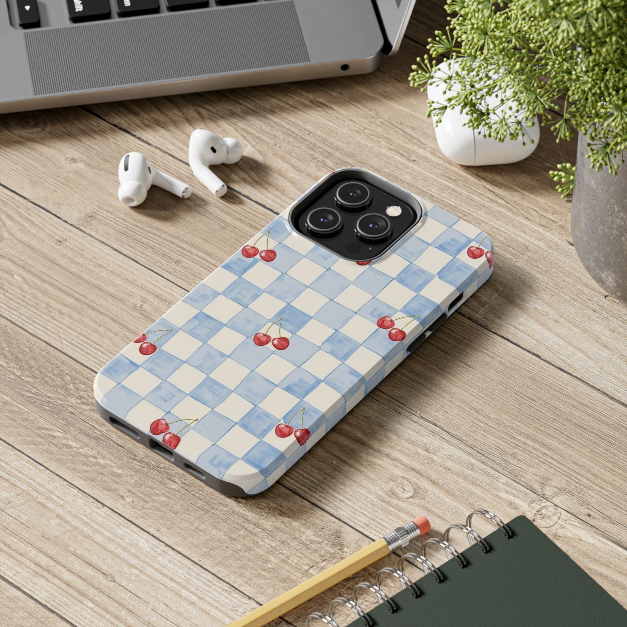 Cherry Pattern Tough Phone Case, Cute Phone Cover, Cherry Phone Case, Checkered Phone Cases, Gift for Her