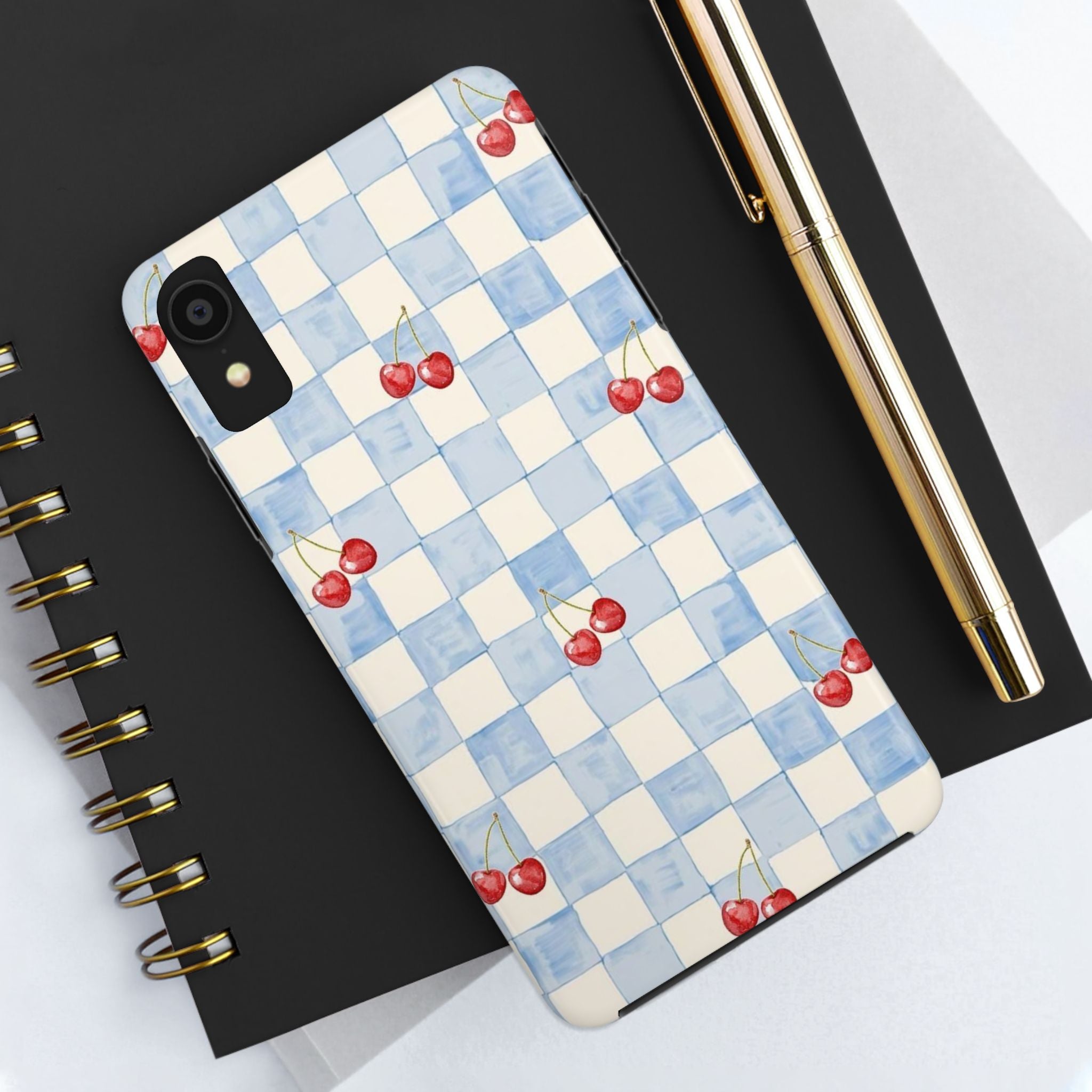 Cherry Pattern Tough Phone Case, Cute Phone Cover, Cherry Phone Case, Checkered Phone Cases, Gift for Her