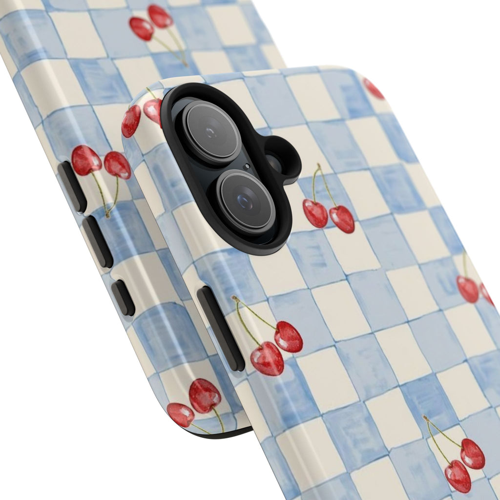Cherry Pattern Tough Phone Case, Cute Phone Cover, Cherry Phone Case, Checkered Phone Cases, Gift for Her