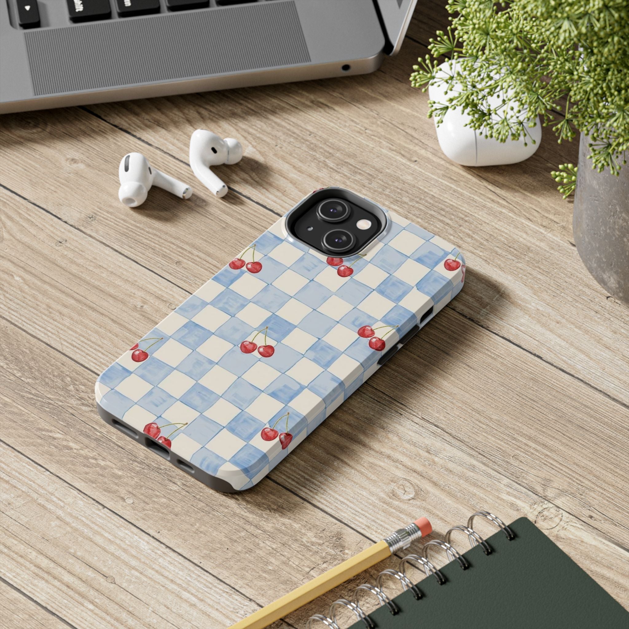 Cherry Pattern Tough Phone Case, Cute Phone Cover, Cherry Phone Case, Checkered Phone Cases, Gift for Her
