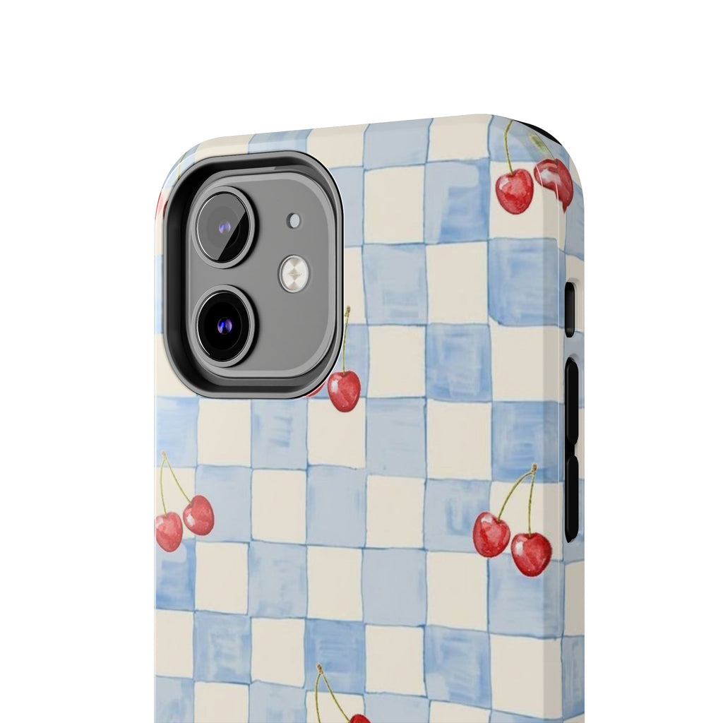 Cherry Pattern Tough Phone Case, Cute Phone Cover, Cherry Phone Case, Checkered Phone Cases, Gift for Her