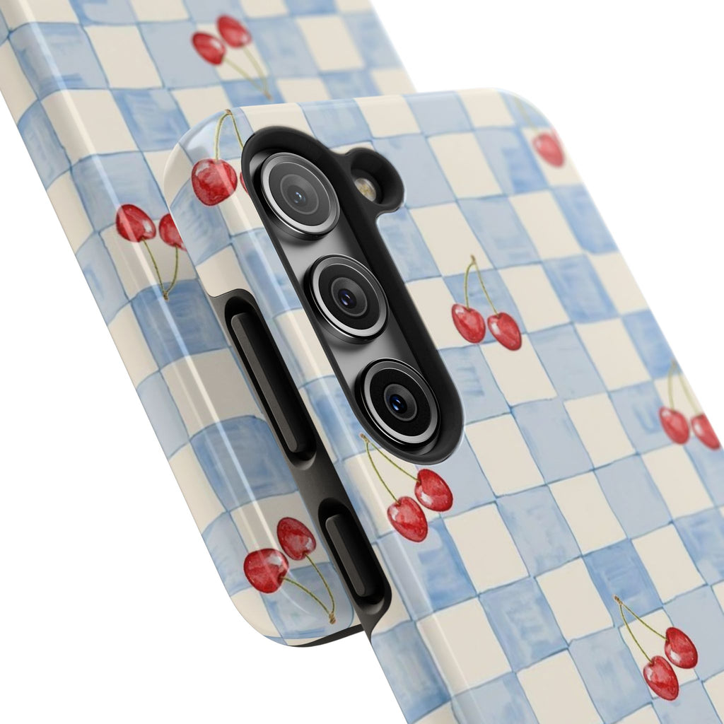 Cherry Pattern Tough Phone Case, Cute Phone Cover, Cherry Phone Case, Checkered Phone Cases, Gift for Her