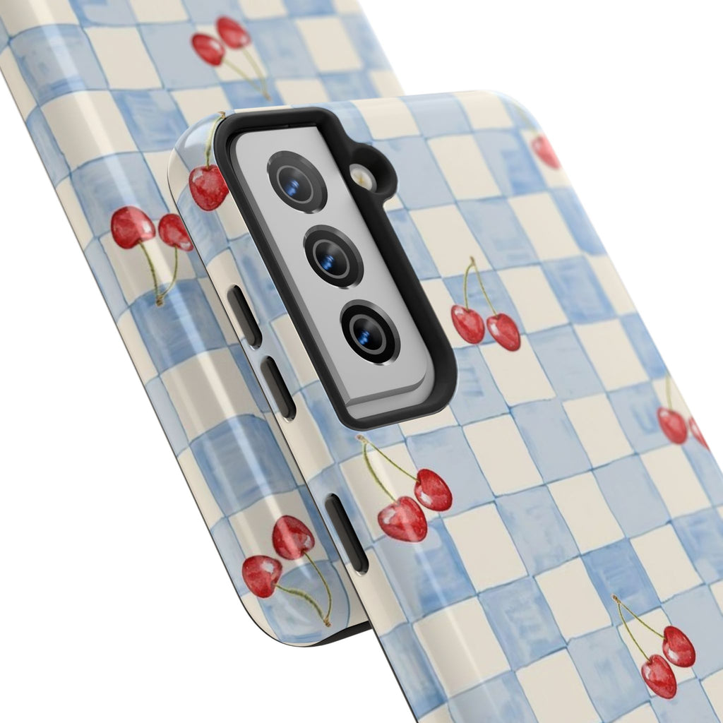 Cherry Pattern Tough Phone Case, Cute Phone Cover, Cherry Phone Case, Checkered Phone Cases, Gift for Her