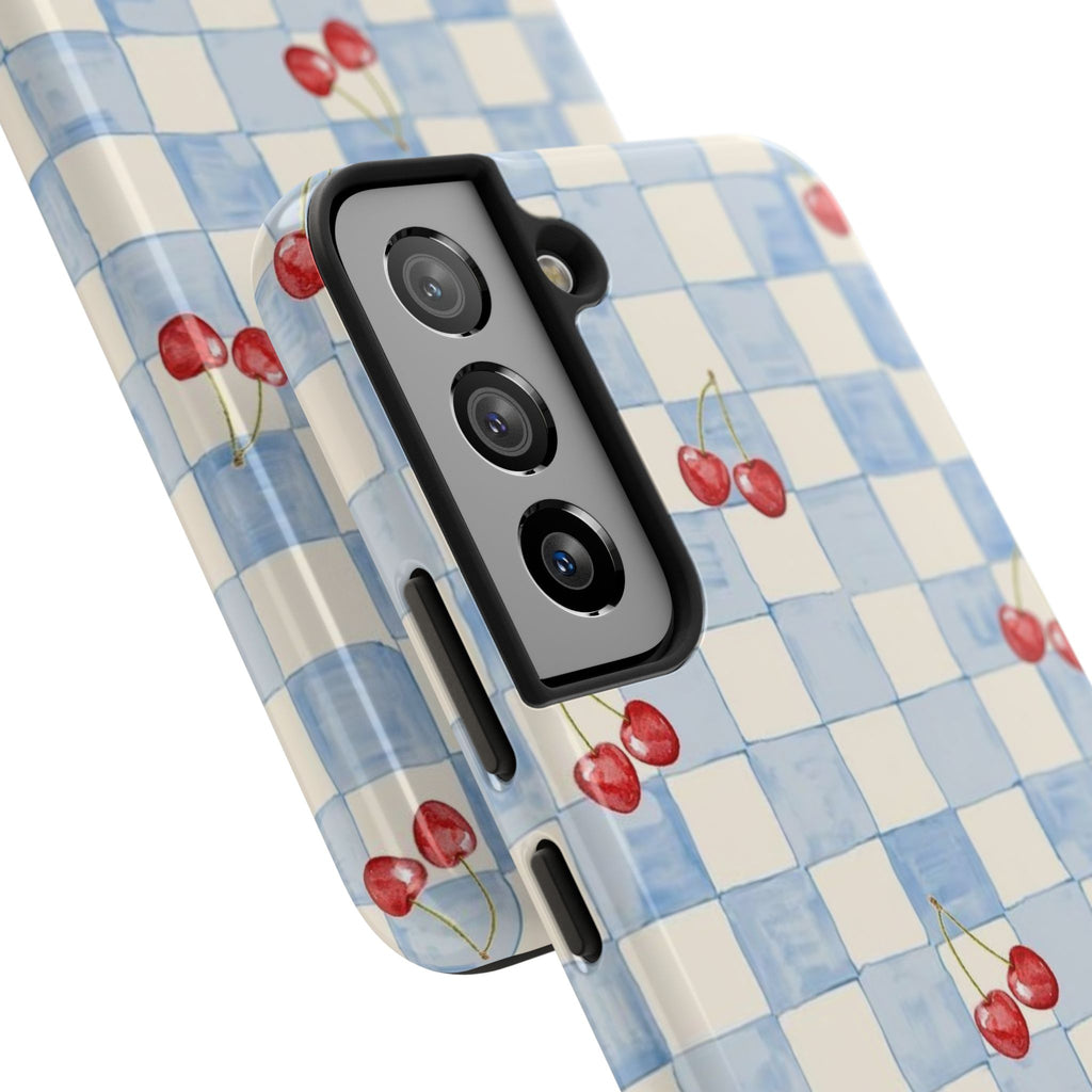 Cherry Pattern Tough Phone Case, Cute Phone Cover, Cherry Phone Case, Checkered Phone Cases, Gift for Her