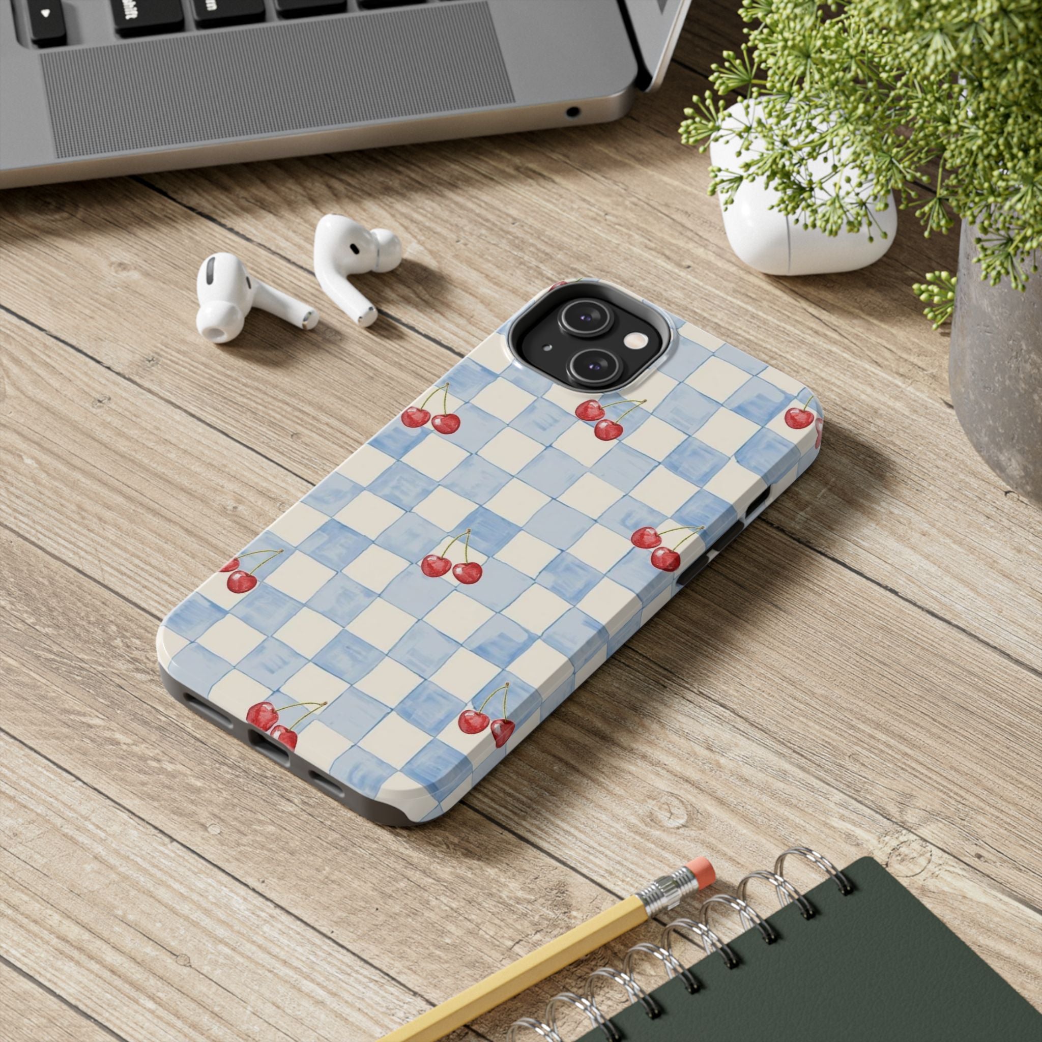Cherry Pattern Tough Phone Case, Cute Phone Cover, Cherry Phone Case, Checkered Phone Cases, Gift for Her