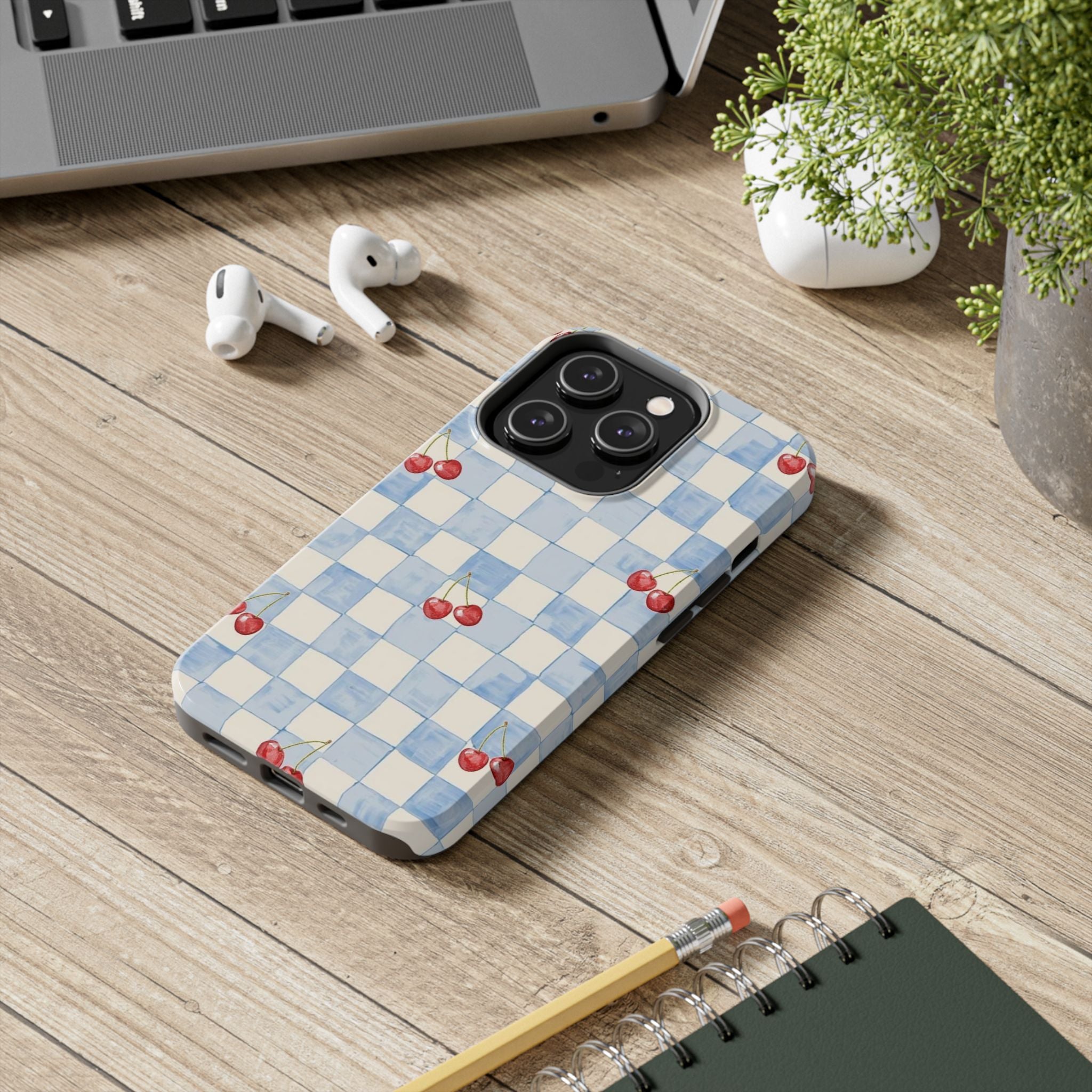 Cherry Pattern Tough Phone Case, Cute Phone Cover, Cherry Phone Case, Checkered Phone Cases, Gift for Her
